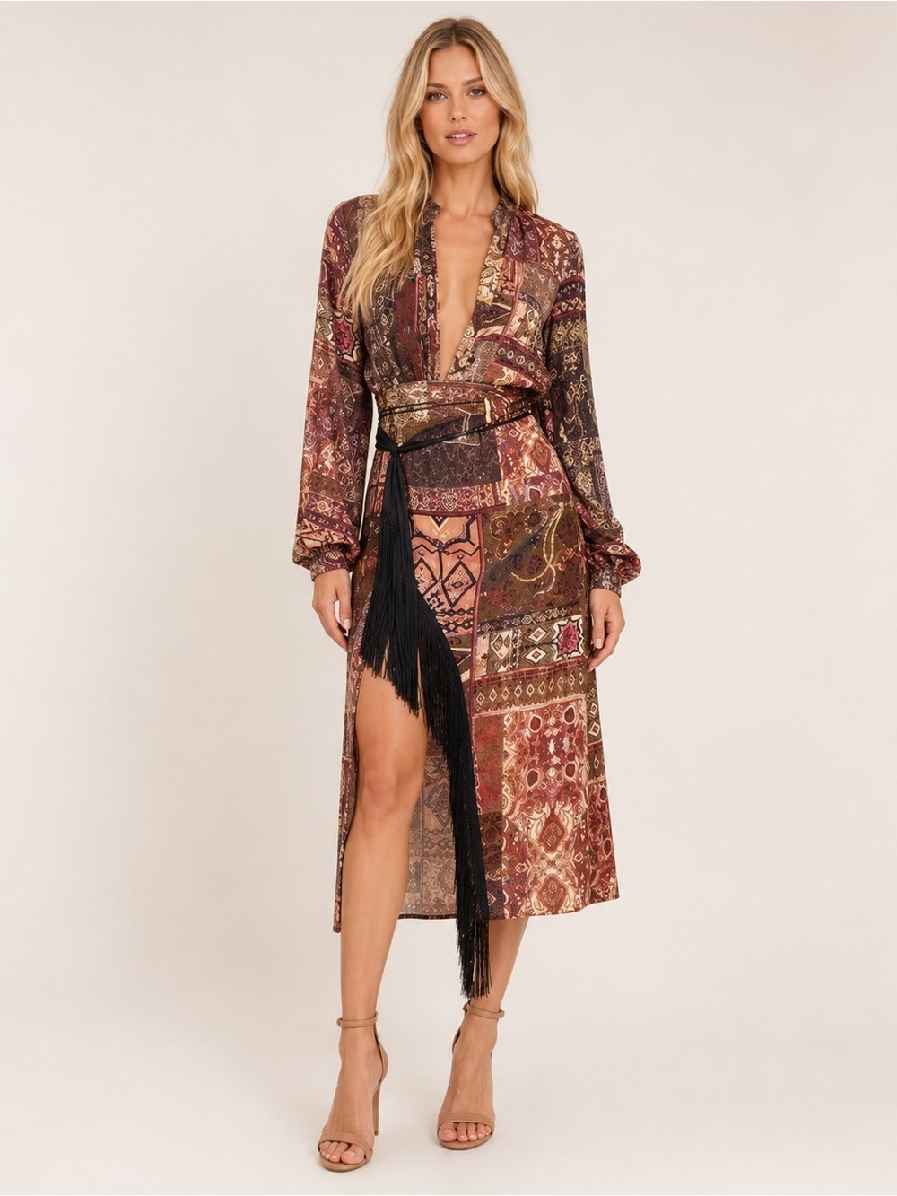 Zara Patchwork Print Fringe Wrap Midi Dress Size Small 25673